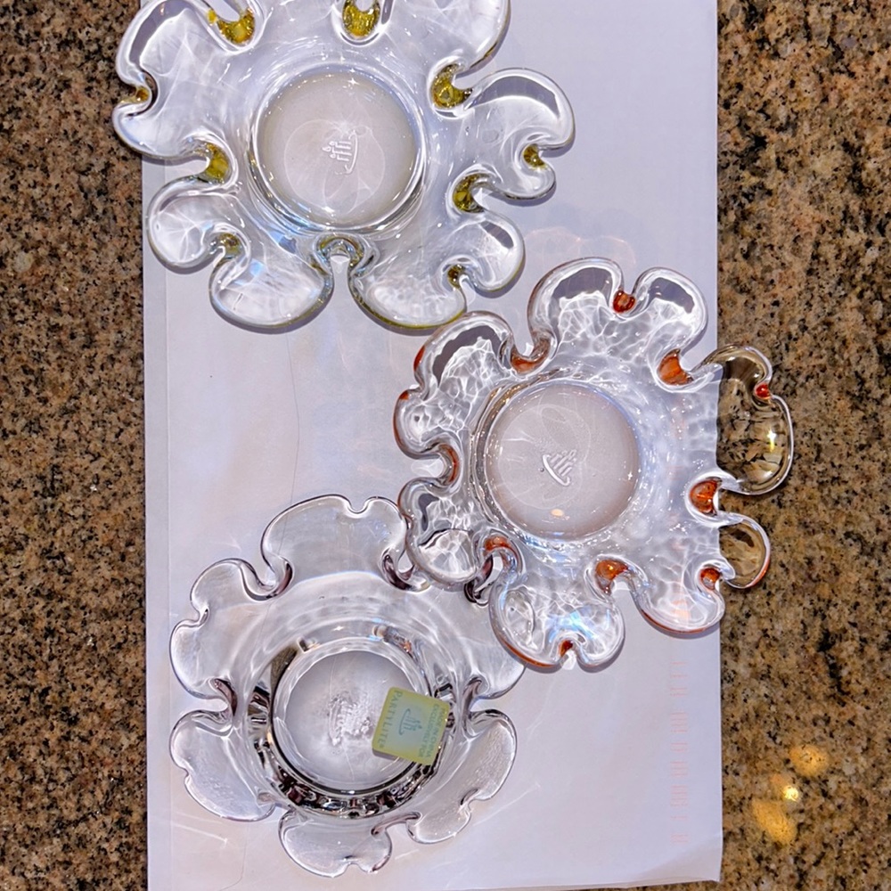 3 PartyLite tealight candle holder in hints of yellow orange and plum